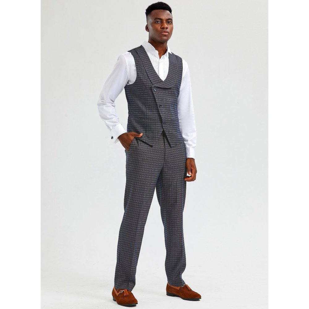 Bespoke Tazio Men's Vest 2pc Set, Tattersall Navy - Picture 3 of 8